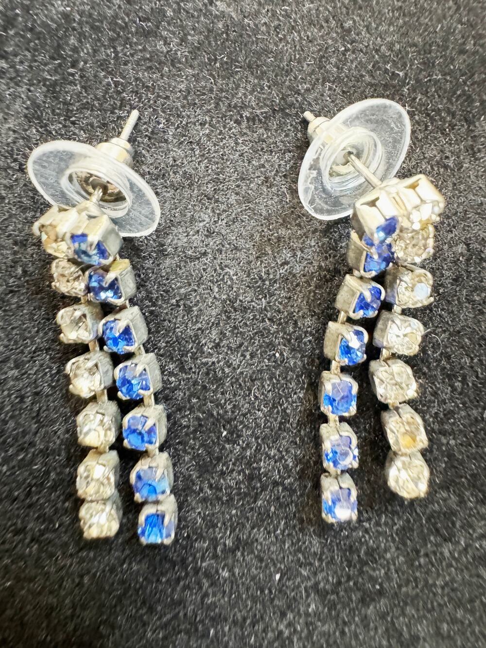 Vintage Blue & Clear Rhinestone Dangle Post Earrings Silver Tone 1" Drop  E498